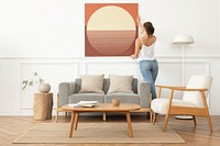 Hanging photo frame mockup, living room psd