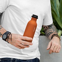 Water bottle mockup psd, orange design, zero waste product