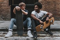 Men skateboarders hanging out, hobby photo