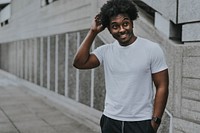 Black man wearing white t-shirt, fashion photo