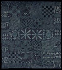 two panels sewn together and hemmed on two sides; indigo with light blue patchwork- like designs with geometric patterns, organic animal motifs and abstracted flowers; starch resist. Original from the Minneapolis Institute of Art.