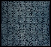 two panels sewn together and hemmed on two sides; indigo with light blue repeating block designs in two motifs with bird and flower forms, with crosshatching; starch resist. Original from the Minneapolis Institute of Art.