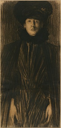3/4 length view of a standing woman wearing a large lozenge-shaped black hat, black cloak, and black dress with wide ruffled stand-up collar; lines of woman's garment drawn in V's. Original from the Minneapolis Institute of Art.