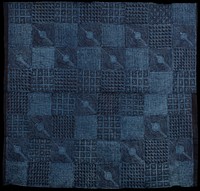 dark and light blue fabric; print with alternating designs - tortoise alternating with large and small geometric designs; 2 panels joined at center. Original from the Minneapolis Institute of Art.