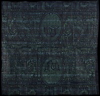 dark and light blue and green pattern; two panels joined at center; each panel has center circular medallion containing 2 faces and letters OK in stripes; crownlike motif above faces; OK stripes overall fabric with various motifs superimposed. Original from the Minneapolis Institute of Art.