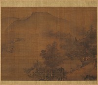 landscape scene with rooftops on R between trees; pavilion at LR with figure on balcony overlooking the bay; figure on horseback and another on foot at LR, walking up the hill; grove of trees on rock lower center; figure fishing at R; large mountain in background roller ends are 1" across end; stick out 15/16" from end of mount; approx 3 1/2" around. Original from the Minneapolis Institute of Art.