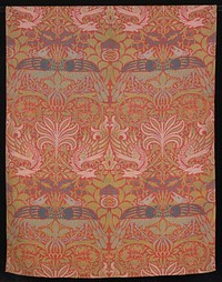 maroon ground; pairs of birds in green and blue, and orange and green; woven pattern; organic leaves and scrolls throughout. Woven fabri. Original from the Minneapolis Institute of Art.