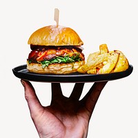 Cheeseburger & french fries collage element, food design  psd