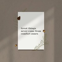 Inspirational quote great things never came from comfort zone on white paper
