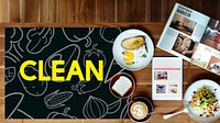 Breakfast meal on a wooden table and blackboard with vegetable icon