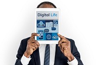 Man holding digital device network graphic overlay