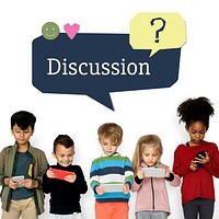 Kids using digital devices with speech bubble customer support