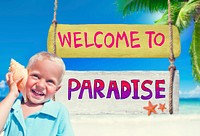 Little Boy Holding a Seashell with Welcome Sign