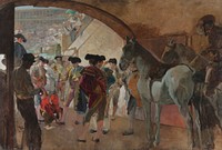view under an archway into an open-air arena; group of matadors wearing colorful outfits and black hats; three horses at right, with one man at far right in saddle; at center left, man in red adjusts shoe of matador in lavender and gold with another matador smoking a cigar; man in shadow at left; received unframed. Original from the Minneapolis Institute of Art.