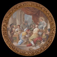 youth with a halo (Jesus) with long curly blonde hair wearing draping blue garments seated on a raised chair in URQ; male figures seated and standing, gesturing and conversing with each other; man in foreground wearing green skirts and brown shawl seen from back, turning toward PR; man with his PR hand on his chin wearing a blue turban near center with heavy-set man in brown turban behind him, looking over PR shoulder; columns in ULQ; red curtain at top; papers and books in LRQ; circular frame with high relief carvings on fruits and pinecones. Original from the Minneapolis Institute of Art.