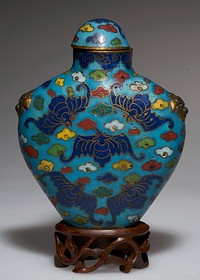 five bat motif in clouds on a blue ground; gold handles. Original from the Minneapolis Institute of Art.