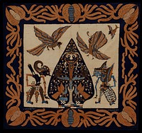 Square, batik, cotton. Birds and grotesque figures on light tan ground. Wide border of brown fruit and leaves on blue ground. At the request of Mr. Plimpton this printed fabric was washed in Ivory Snow on February 2, 1950 by Mr. Soulen and Jim Cooper.. Original from the Minneapolis Institute of Art.