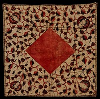 Square, batik, printed. Leaf and vine design in dull red, dark blue and black on tan ground. Square center of dull red.. Original from the Minneapolis Institute of Art.