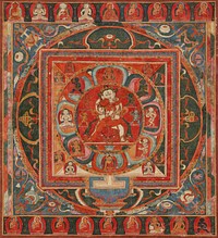 white-skinned male figure and red-skinned female figure embracing in central circle with 20 figures surrounding them inside a circle and a square; 9 seated figures at top and bottom edge; multicolored pigments; leather hanging cord. Original from the Minneapolis Institute of Art.