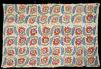 Bed spread, linen, embroidered in rose spray pattern in five colors, blue and henna red predominating. Composed of three narrow strips whipped together.. Original from the Minneapolis Institute of Art.