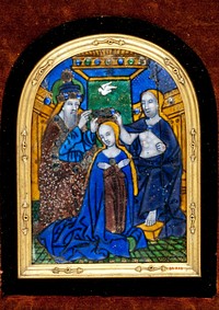 Coronation of the Virgin. Virgin, brown dress, blue cape, yellow hair. God the Father, lighter blue dress, brown jeweled cope. God the Son, deep purplish cope and brownish skirt. Yellow footstool. Jeweled gold canopy with blue lining and green curtain. Blue sky, yellow walls, green tiled floor.. Original from the Minneapolis Institute of Art.