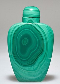 Snuff bottle, green malachite showing wavy pattern of light and dark stripes. Malachite top; stand.. Original from the Minneapolis Institute of Art.