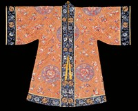 Taoist Priest's Robe embroidered with the Pa Pao (Eight Precious Things) in eight large medallions. Faded rust satin ground with all-over meander in gold thread, and double peach and bat motifs embroidered in satin stitch in peach, blue, and shades of coral. Three medallions on back; three on front; one on each sleeve.. Original from the Minneapolis Institute of Art.