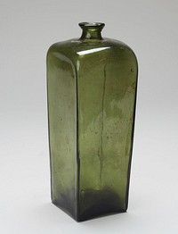 Schnaps bottle, glass, blown glass, square, of brownish glass with short neck and applied collar; concave base with ragged cleavage scar (pontil mark); this scar found on bottles made before 1850. Original from the Minneapolis Institute of Art.