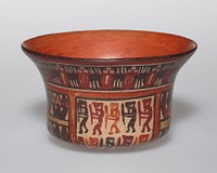 Bowl decorated with painted panels on body and a narrow border around rim. In the body area double rows of human figures, holding weapons and marching in file, alternating with double rows of stylized floral forms. In the border are short lines in groups of three flanking and surrounding groups of dots in threes which represent a dissolved conception of the human head. Border in white, yellow and red on brownish ground; body panels in colors of cream ground. Panels set off from border and from each other by narrow bands edged with black. Rounded base. H. 2 3/4 in.; diameter across mouth 4 1/4". Original from the Minneapolis Institute of Art.