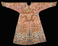 Concubine robe of faded aubergine satin brocaded in blue, green, brown, shades of rose and gold. Nine large five-clawed dragons; one on front, one on back, one on each shoulder,Above border, front and back, two dragons in profile grasping the heavenly jewel. Ninth dragon under flap. Border of short, sinuous wave pattern in which each series of eight wave strips terminates in a curling wave spray roughly triform in shape. Border colors blue, aubergine, rose green, tan with narrow edges in pale green, ivory, pale blue, rose and yellow, with alternating gold lines. Body of robe decorated with loose cloud forms. Front and back panels split about 14' from bottom.Lining of faded rose raw silk. Concubine robes characterized by very large sitting five-clawed dragons, back and front. Sleeves finished with cuffs of same brocade. One of three concubine robes of same design, cf. 42.8.2, 42.8.3. Original from the Minneapolis Institute of Art.