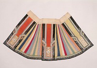 Skirt made up of colored silks of cloud pattern yellow, dark blue, apricot, white, red, light blue, grey, etc.; accordion-pleated in sigle sections. Main panels of brick red color with applique design of sage with flowers embroidered in couched gold threads and colored silks. Triple, shaped border of black satin embroidered in blue; white silk and pale blue silk braid with floral design in colors. Same triple border at bottom of skirt. Panels lined with green silk of diaper pattern.. Original from the Minneapolis Institute of Art.