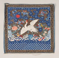 Mandarin Square of blue k'ossu with white crane design. Swastika fret diaper in gold, clouds, peonies, Buddhist symbols, sun, eternal sea. Border of swastika meander in gold. Unlined. Original from the Minneapolis Institute of Art.