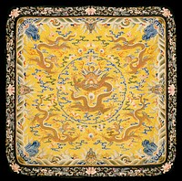 Panel of imperial yellow k'ossu with five five-clawed dragons in gold; one seated in a central medallion formed of loose clouds, and four disposed in the corners of the field, which contains clouds and bats. The entire panel is bordered with the Eternal Sea motif with swatiskas and emblems of the Precious Things. Colors include shades of blue,green, pink, rust, olive-green and mauve. Outer border of black k'ossu with a running design of dragons, lotus blossoms and leaves in shades of blue, green, pink, brown, mauve, olive-green and fischia. K'ossu ripped and worn in places. lining of gold-colored raw silk. Original from the Minneapolis Institute of Art.