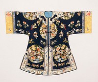 Outer coat of deep blue silk of dragon medallion pattern embroidered with large phoenix and peony medallions, floral sprays and butterflies in shades of bule, yellow, green, peach, pink and rust. Shaped collar-band, bottom and side border of white satin embroidered in a landscape design with figures of men and women. Wide sleeves with cuffs of brocaded yellow silk embroidered with large peony and lotus blossoms and butterflies in shades of red, pink and blue. Secondary border of grey satin embroidered with flowers and long-life characters in shades of blue. This coat opens all the way up front, and is probably a woman's coat. Lining of thin blue patterned silk. Cheifly satin and knot stitch.. Original from the Minneapolis Institute of Art.