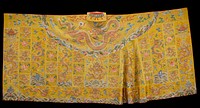 Buddhist priest robe of embroidered yellow satin with one end gored. Int he many small squares symbolical of Buddha's mendicant days, are embroidered five-clawed dragons in couched gold, and large peony blossoms with leafy tendrils in shades of red, pink, blue, and green. The gored sections contain two peony blossoms with trailing branches. In the borders and larger dragon panels appear the universe motif, with coral, swastikas, and other symbols appearing in the waves. Loosely drawn clouds. In the end sections of the upper border, bats appear. The 'patched' character of the robe is accentuated by bindings of ivory satin which mark off the various squares. Lining of pink silk. Colors are clear, and include shades of blue, green, red, pink, yellow, mauve, and brown. Atached to center of upper border a flap with embroidered canopy to shield wearer from dragon's eyes. This robe close in design to 42.8.134. Cf. dragons, clouds, and wave areas with other K'ang Hsi robes.. Original from the Minneapolis Institute of Art.