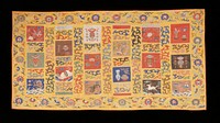 Buddhist priest robe of fine quality kesi woven in squares and strips of different color to represent the rags of Buddha in his mendicant days. Yellow is predominant, with pieces of red, black, gold, green, blue, white, brown, and pale blue. Designs include Buddhist symbols, sacred vessels, cursive profile dragons, loose clouds, chilin, elephant, peonies, phoenix, Foo dog, and imperial five-clawed dragon in shades of blue, red, green, pink, puce, black, olive-green, yellow, and mauve. The border contains a running design of large peonies and leaves. Note some of the weaving done with peacock feathers. Lining of burnt orange damask of large cloud pattern.. Original from the Minneapolis Institute of Art.