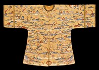 Coat of gold K'ossu with design of 100 boys at play in landscape ground. Colors pink, blue, green, red, tan, and grey. Wide sleeves. Lining of tan satin damask of medallion pattern.. Original from the Minneapolis Institute of Art.