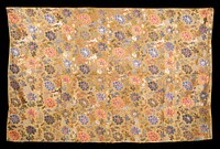 Large Hanging of golden tan satin brocade composed of two widths seamed up the middle. All-over design of peonies, lotus, and trailing leaves in shades of blue. green, magenta, pink, mulberry, violet, grey, pink, brown, and yellow with gold. Lining of yellow raw silk. Inscription. Cf. 42.8.137,.138 for same general type of pattern.. Original from the Minneapolis Institute of Art.