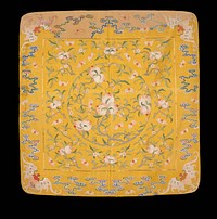 Square hanging of yellow k'ossu with design of peaches, branches and bats. A large central medallion within a panel set off from the border by a narrow band of couched gold threads. In each corner of the border a large bat, with smaller bats and loose clouds in intervening spaces. Chiefly pink, green, and yellow. Lining of pale yellow silk with medallion design. Inscription.. Original from the Minneapolis Institute of Art.