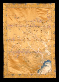 Picture hanging of embroidered gold-colored satin. the design represents a landscape in which wide-branching floral trees grow from a low hill. Two birds perch on the branches. In the lower foreground grow branches of pine, and to the right is a mountain. Embroidery in very fine satin stitch in shades of blue pink, green, pale tan, light rust, and eggshell. Border of Yellow satin brocaded in colors and gold of dragon-medallion and cloud design. At upper right of picture is a four-character inscription embroidered in blue silk. Lining of mustard yellow raw silk. Former Classification: Textiles - Tapestry. Original from the Minneapolis Institute of Art.