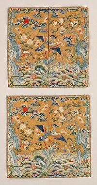 Pair of gold k'ossu mandarin squares. The central motif is a crane? Standing on a rock that emerges from the Eternal Sea. In the field are branches of peach and peony, bats, tight-headed clouds, and the sun. Colors include blue, red, pink, green, and yellow. Some painted details. Lining of blue silk. Inscriptions. Original from the Minneapolis Institute of Art.