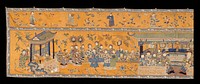 Long valance of solid embroidery with ground of solid gold-colored silk floss. The design represents an aged statesmen and his wife receiving guests on the occasion of their birthday. This us the same scene as is represented in C.205. In the valance section appear the Eight Immortals. Borders of black satin brocade with a design of flowers in blue and white. Lining of pinkish cotton. Former Classification: Textiles - Tapestry. Original from the Minneapolis Institute of Art.