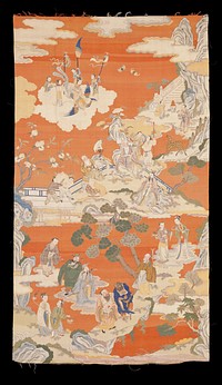 Picture hanging of soft brick-red kesi representing 'The Feast of Peaches,' a favorite subject with the Chinese. In the upper left, Xi Wangmu descends from her clouds on the phoenix. At the upper right are the gateway and stairs to paradise. beneath are the gods of office, longevity and happiness, and the Eight Immortals. In the field are spreading pine trees, peach trees, bats, the crane, spotted deer, and other symbols of longevity and immortality. Shades of blue, green, red, peach and tan. Painted details. A kesi (silk tapestry) picture which was hung in the Imperial Palace of the Forbidden City in Beijing on special occasions. This is an outstanding example of this type of weave. It is 3 x 5 feet. The background is of old rose or peach, a shade of which the Chinese were especially fond. The other colors are blended with the skill which characterizes old work of this nature. The scene is one that is familiar to the Chinese, representing 'The feast of the Peaches' (Bao Dao Hui), which took 3,000 years to ripen and conferred immortality on the partakers. Xi Wangmu, the Goddess of the Western Heavens, is descending from the clouds on her phoenix to attend the feast. The gateway and stairs leading into Paradise, situated in the Kunlun Mountains, show at the upper right. The three Gods of longevity, Office and Happiness are seated in the center of the borders of the 'Lake of Gems', Yao Chi; the eight immortals with two attendants appear in the lower part of the picture. The peaches, crane, pinecones, scattered fungus, spotted deer, etc.; typify longevity and immortality. This picture is of the Qianlong period (1736-1795). Former Classification: Textiles - Tapestry. Original from the Minneapolis Institute of Art.