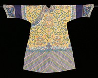 Imperial 12-symbol robe of yellow k'ossu with nine 5-clawed dragons in gold. In addition to 12 ancient symbols (note round drawing of water weed and fire), ground is filled with loose clouds, long life characters, bats with the double peach and swastika and Taoist emblems in shades of blue, green, red, pink, and strong purple. Note blued tone of reds. Conventional border of almost straight slanting stripes; tight clouds; rolling waves in which appear Buddhist symbols. Olive green and yellow also used in border. Below border on sleeves a band of plain dark blue silk. Collar band and wide, deep cuffs of black k'ossu with dragons, clouds, bats, etc. Edging of light blue and gold fretwork brocade. Eyes of dragons embroidered. Robe slit at sides and lined with thin yellow silk with character medallions. Circular seal in front.. Original from the Minneapolis Institute of Art.
