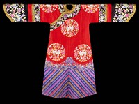 Robe of red twilled silk embroidered with eight large medallions containing cranes, butterflies, chrysanthemum and peony sprays in shades of pale blue, green, rose, lavendar, and magenta. Conventional border of straight, slanting stripes; tight clouds; rolling waves with Buddhist symbols, swastikas, branches of coral and emblems of the Eight Precious Things. Colors very crude and strong. Wide deep cuffed sleeves with a band of black silk embroidered with the medallion motifs and finished at lower edge with band of gold and black brocade. Directly below a band of the red silk separates this from the cuff, also of black silk and embroideded with the medallion motif. Collar band of the same, both edged with black and gold brocade. Robe is slit at sides, unlined but faced back with bands of the embroiedred silk. A woman's coat?. Original from the Minneapolis Institute of Art.
