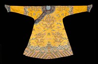 Imperial robe of yellow satin brocaded in green, rose, blue, brown, black, red, orange, and gold. Nine 5-clawed dragons, tose in profile grasping the Heavenly Jewel. In field, loose cloud forms and five bats, the latter appearing in orbit of each of the profile dragons. Border of narrow, slightly wavy wave-stripes in alternating body colors, with clouds topping strips between stripe and curling area of waves. To each side of side seam, front and back, a swastika above the waves. Similar border, but without wave-stripes and swastike, at elbow of sleeves, which are finished with a length of widely ribbed yellow silk termintating in cuffs of dark blue satin brocade with bats, sitting dragons and cloud forms. Wide collar of same brocade, with band extending down opening to under arm. Body lined with thin blue silk, sleeves with thin yellow brocaded silk.. Original from the Minneapolis Institute of Art.