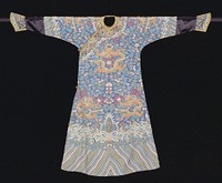 Imperial Twelve Symbol robe of blue k'ossu with nine 5-clawed dragons in gold, those in profile clutching the Heavenly Jewel. In the ground, in addition to twelve ancient symbols, loose clouds, swastikas, bats, and long-life characters in shades of blue, green, red, pink, yellow, soft violet, olive-green, and gold thread. Conventional border of slightly wavy slanting stripes; tight clouds, and rolling waves among which appear emblems of Eight Precious Things and branches of Coral. Below border on sleeves a strip of black satin. Cuffs and collar band of dark blue k'ossu with dragons, clouds, bats, etc. Edging of gold and black brocade. Painted details. Robe slit at sides and lined with thin, diapered blue silk. This robe has been reduced in size by cutting the side seams down. Cf. dimensions of 42.8.10. Original from the Minneapolis Institute of Art.