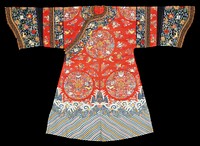 Robe of cherry red kesi with six large medallions on body and half-medallions on shoulders, containing the eight Buddhist symbols. Spaces between medallions filled with Buddhist symbols widely spaced. Colors include shades of blue, green, rose, olive green, pink, and yellow. Conventional border of straight, slanting lines; tight cloud forms; rolling waves in which appear swastikas, branches of coral, jui sceptres, and Taoist symbols. Below shoulders a wide band of dark blue k'ossu with Buddhist symbols and edged with a narrow band of trefoil forms, which is seperated by a band of brown and gold floral brocade from a three-inch strip of the red k'ossu with Buddhist synbols. Below are the wide, deep, shaped cuffs which are of dark blue k'ossu with Buddhist symbols and trefoil band. Edges of cuffs trimmed with the brown and gold floral brocade tipped with brown fur. Collar band of the same dark blue k'ossu as cuffs. Lining has been removeed, and coat opened up the side seams all the way. Painted details. K'ossu a firm good quality. A woman's robe?. Original from the Minneapolis Institute of Art.