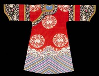 Robe of red silk with eight large k'ossu medallions containing cranes, butterflies, peonies and lotus in shades of light green, pink, yellow and purple. Conventional border with straight slanting lines; Tight clouds; rolling waves in which appear symbols of the Eight Precious Things. Yellow, storng purple, cerise and olive green appear in border section. Upper sleeve banded in black K'ossu of the medallion design and separated by band of the red silk from wide deep cuffs of same black k'ossu edged with gold and black brocade. Collar band of the same. Very inferior grade of k'ossu, much painted surface, strident colors. Robe slit at sides and lined with thin blue silk.. Original from the Minneapolis Institute of Art.