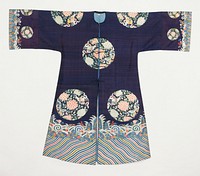 Coat of deep blue silk with a design of eight large kesi medallions containing large hydrangeas and butterflies in shades of pink, green, blue, yellow, and mauve. Conventional border of slightly wavy stripes in body colors and olive green; narrow row of tight clouds; rolling waves in which appear bats, coral, and symbols of the Eight Precious Things. Wide sleeves with border design at wrists and three small medallions of body design above. Cf. 42.8.88,91. Coat slit in back, open in front, and lined with thin blue silk.. Original from the Minneapolis Institute of Art.